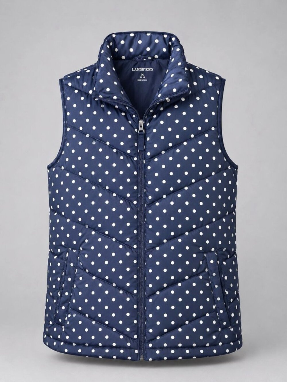 Lands End Womens Medium Puffer Vest Quilted Polka Dot Navy Zipper Front